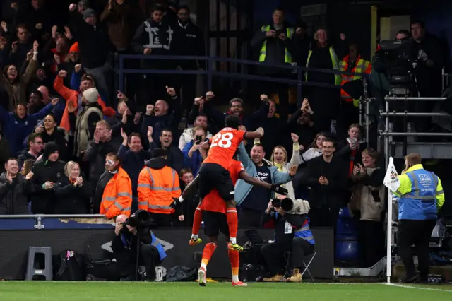 Luton celebrating Elijah Adebayo's goal