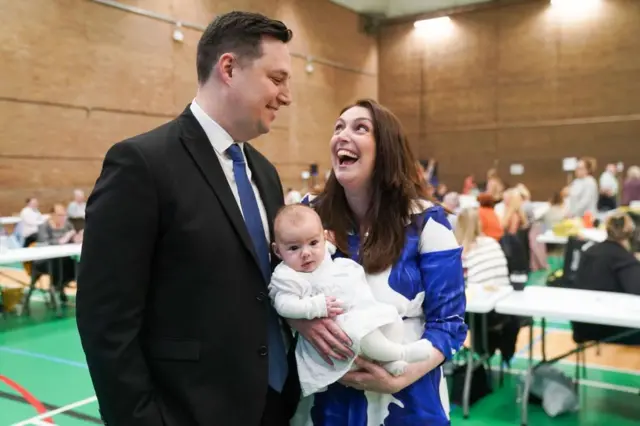 Houchen with his wife, Rachel, and baby Hannah before the result was announced