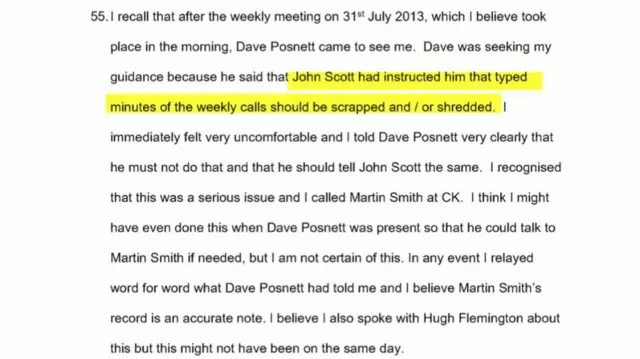 A section of the witness statement is highlighted, which says "John Scott had instructed him that typed minutes of the weekly calls should be scrapped and/or shredded"