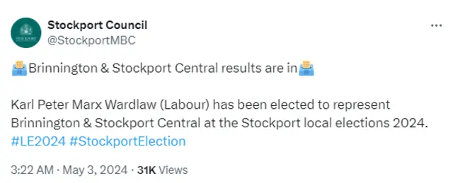 A screengrab of a tweet by Stockport Council announcing an election result