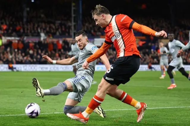 Alfie Doughty crossing the ball for Luton