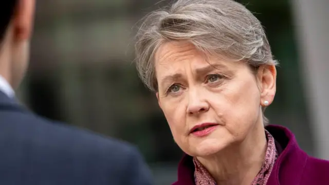 Shadow home secretary Yvette Cooper speaks to the media as she leaves BBC Broadcasting House in London, after appearing on the BBC One current affairs programme, Sunday with Laura Kuenssberg.