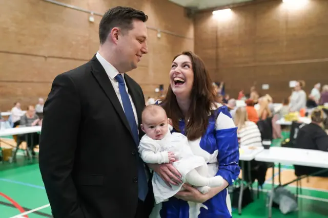 Ben Houchen with wife Rachel and their daughter Hannah at the count in Thornaby