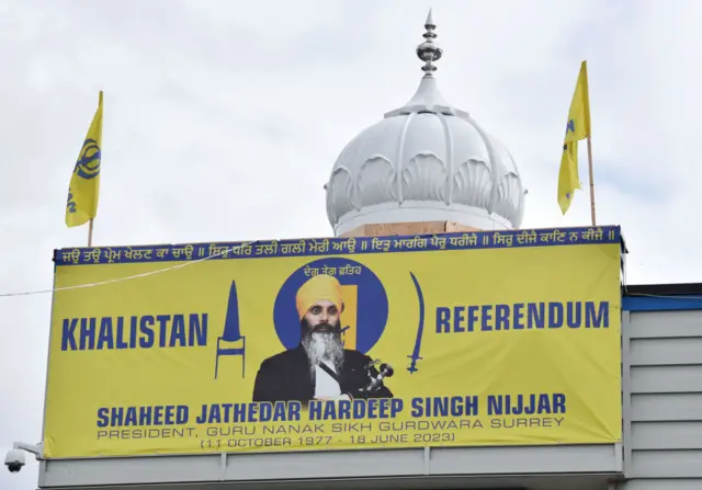 The temple in Surrey, British Columbia, displaying Hardeep Singh Nijjar's image