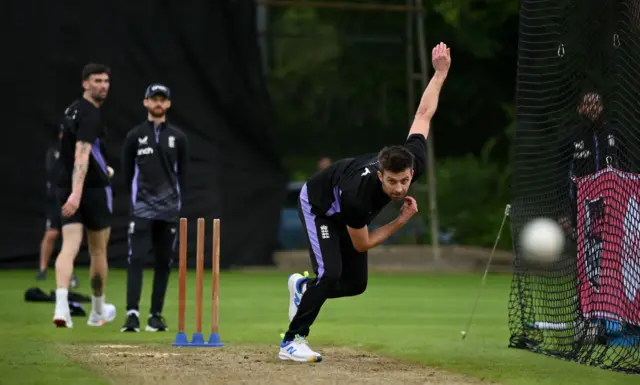 England bowler Mark Wood bowls during a net session