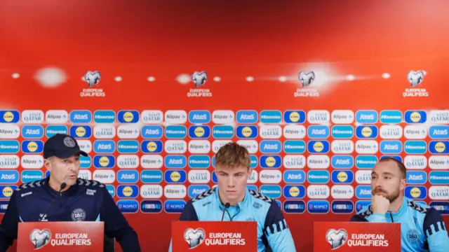 Denmark's national team head coach Kasper Hjulmand, Denmark's midfielder #10 Christian Eriksen and Denmark's forward #09 Rasmus Hojlund