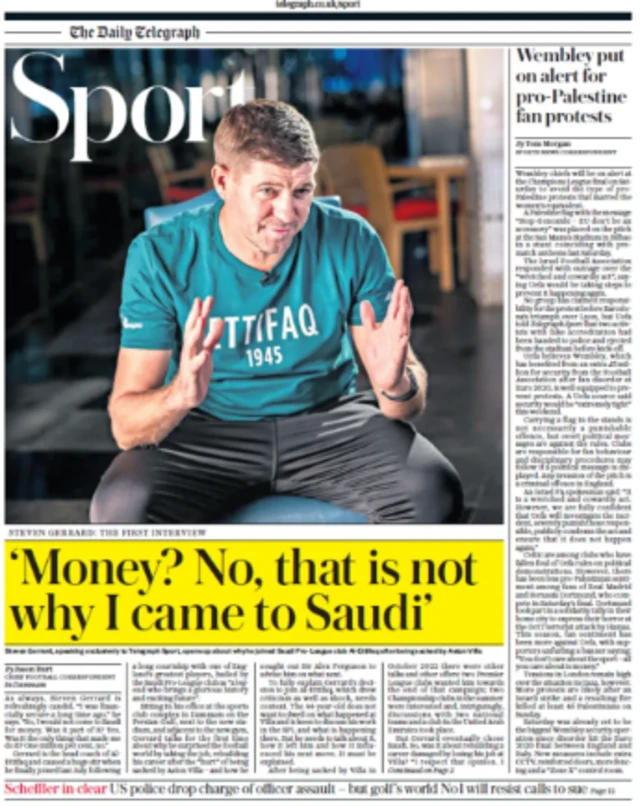 Lead sport page of the Daily Telegraph on 30 May 2024