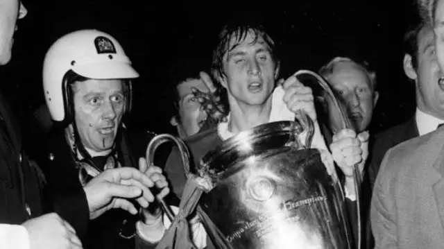 Johan Cruyff with the European Cup trophy at Wembley in 1971