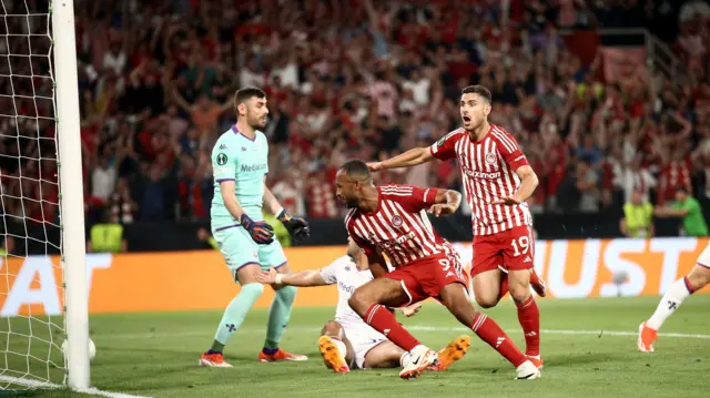 Ayoub El Kaabi celebrates after scoring in the 2024 Europa Conference League final