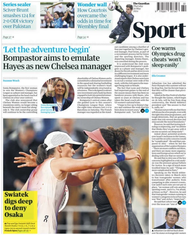 Lead sport page of the Guardian on 30 May 2024