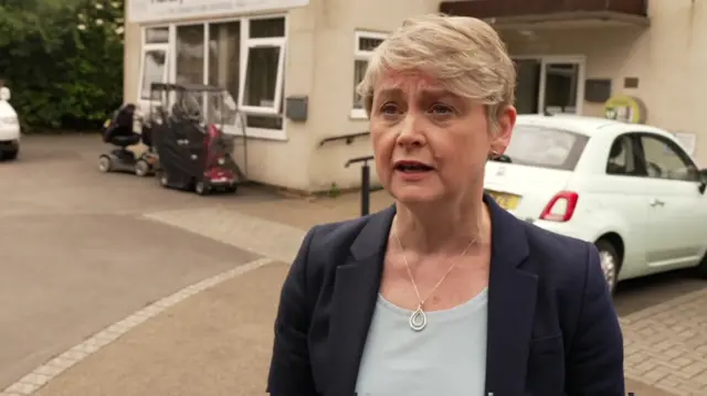 Yvette Cooper speaks to camera outside a Maltby Town Council building