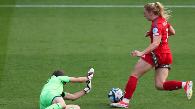 Ceri Holland vies for the ball with Ukraine's goalkeeper Daria Keliushyk