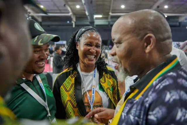 Gwede Mantashe, chairman of the African National Congress (ANC), right, and Duduzile Zuma-Sambudla, daughter of former South African President Jacob Zuma, center, at the Independent Electoral Commission (IEC) national results center in Midrand, South Africa, on Friday, May 31, 2024.