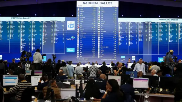 The result board at the National Results Operation Centre of the Electoral Commission of South Africa (IEC), which serves as an operational hub where results of the national election are displayed, in Midrand, South Africa, May 30, 2024