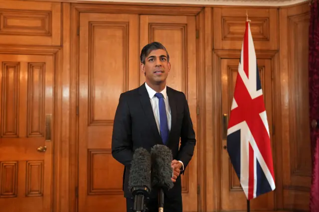 Prime Minister Rishi Sunak issues a statement at 10 Downing Street, London