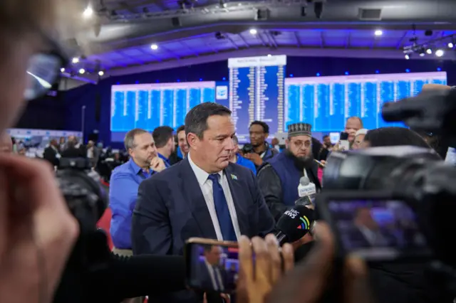 John Steenhuisen, leader of the Democratic Alliance (DA), speaks to the media at the Independent Electoral Commission (IEC) national results center in Midrand, South Africa, on Friday, May 31, 2024