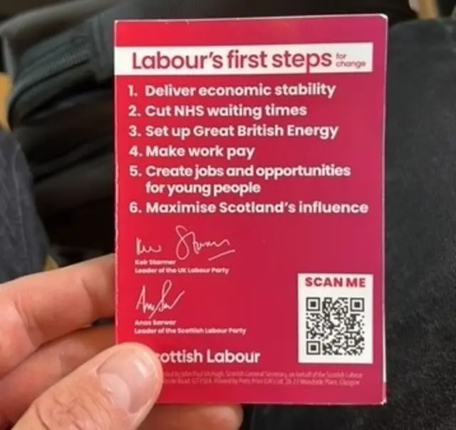 A leaflet on the six steps for Scotland: deliver economic stability; cut NHS waiting times; set up GB Energy; make work pay; create jobs and opportunities for young people; maximise Scotland's influe