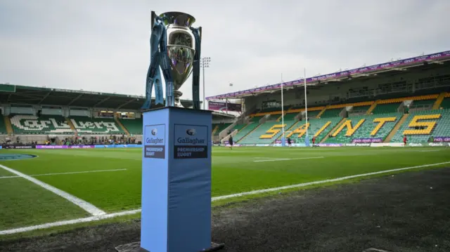 The Premiership trophy on display inside Franklin's Gardens