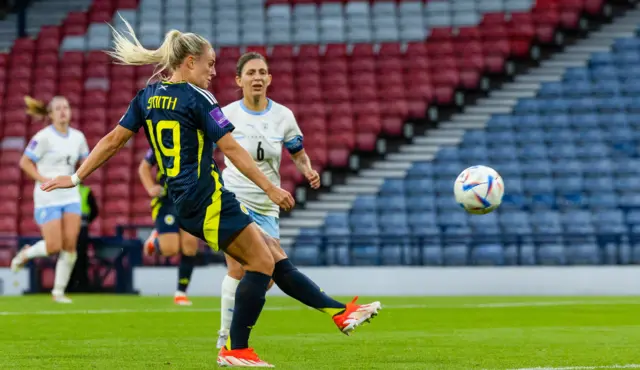 cotland's Kirsty Smith misses an open goal but is ruled offside during a UEFA European Championship Qualifier