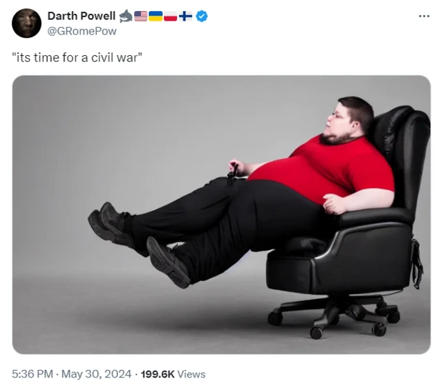 A tweet including a picture showing a heavyset man sitting on a reclining chair, captioned "its time for a civil war"