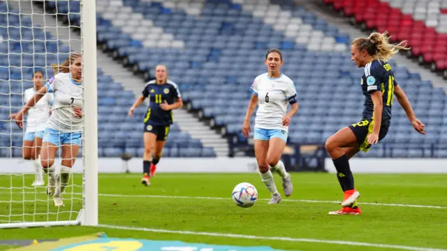 Claire Emslie scores her second goal of the game against Israel