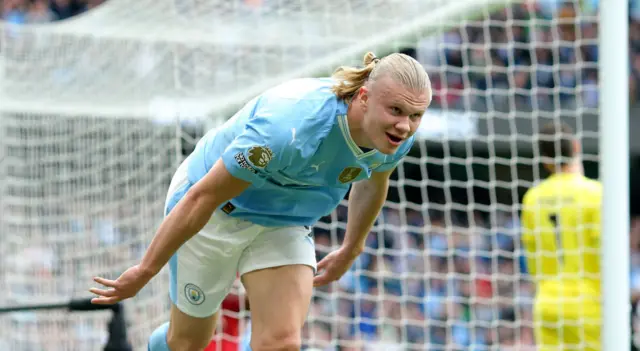 Erling Haaland of Manchester City celebrates after scoring 2nd goal during the Premier League match between Manchester City and Wolverhampton Wanderers