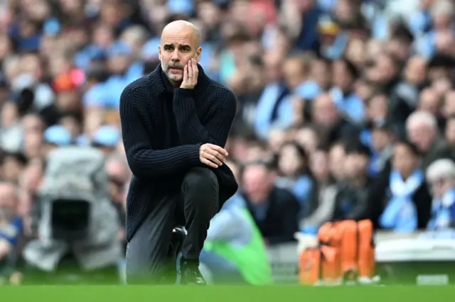 Pep Guardiola, Manager of Manchester City, reacts during the Premier League match between Manchester City and Wolverhampton Wanderers