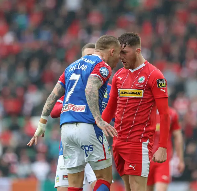 Tempers fray between Linfield's Kirk Millar and Sean Stewart