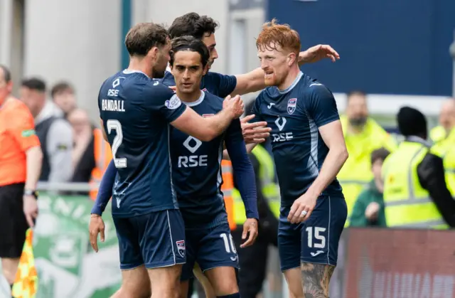 Ross County's Simon Murray celebrates scoring to make it 1-1 With his teammates during a cinch Premiership match between Ross County and Hibernian at the Global Energy Stadium, on May 04, 2024, in Dingwall, Scotland. (Photo by Ross Parker / SNS Group)