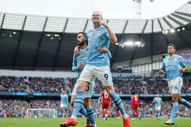 Erling Haaland of Manchester City celebrates after scoring a goal to make it 1-0 during the Premier League match between Manchester City and Wolverhampton Wanderers