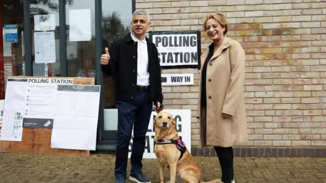 Sadiq Khan at a polling station with his wife