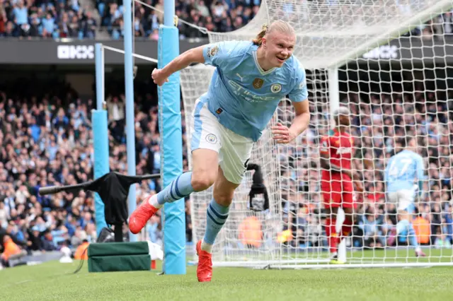 Erling Haaland of Manchester City celebrates scoring his team's second goal during the Premier League match between Manchester City and Wolverhampton Wanderers