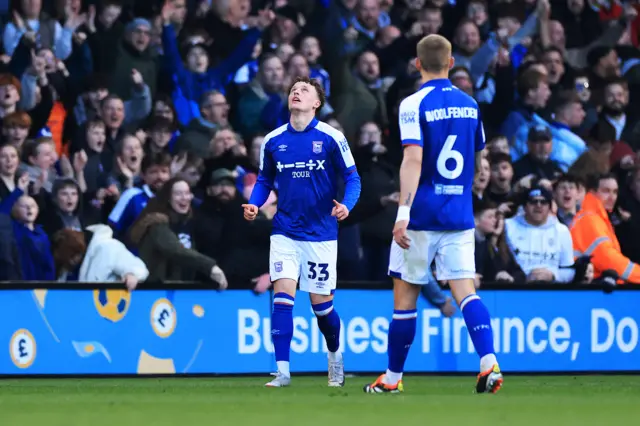 Nathan Broadhead of Ipswich Town looks to the sky