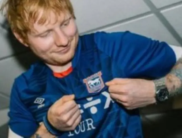 Ed Sheeran in Ipswich Town shirt