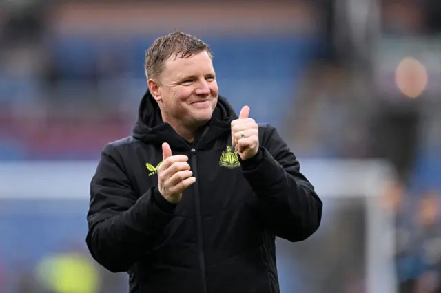 Eddie Howe, Manager of Newcastle United, gives a thumbs up following the team's victory during the Premier League match between Burnley FC and Newcastle United