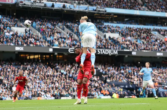 Erling Haaland of Manchester City scores his team's second goal during the Premier League match between Manchester City and Wolverhampton Wanderers