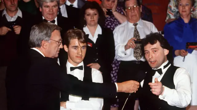 David Vine (BBC TV Commentator) interviews Jimmy White after his match Embassy World Snooker Championships Final 1992 v Stephen Hendry