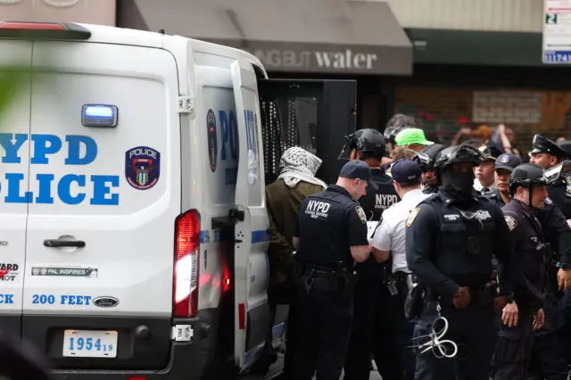 Police arrest pro-Palestinian demonstrators near the Met Gala at the Metropolitan Museum of Art on May 6, 2024 in New York