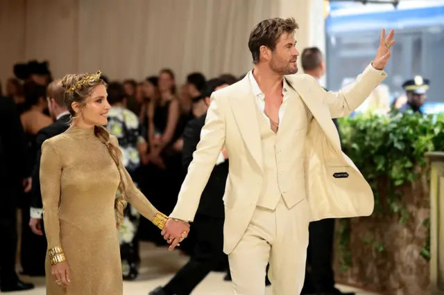 Elsa Pataky and Chris Hemsworth attend The 2024 Met Gala Celebrating "Sleeping Beauties: Reawakening Fashion" at The Metropolitan Museum of Art on May 06, 2024 in New York City