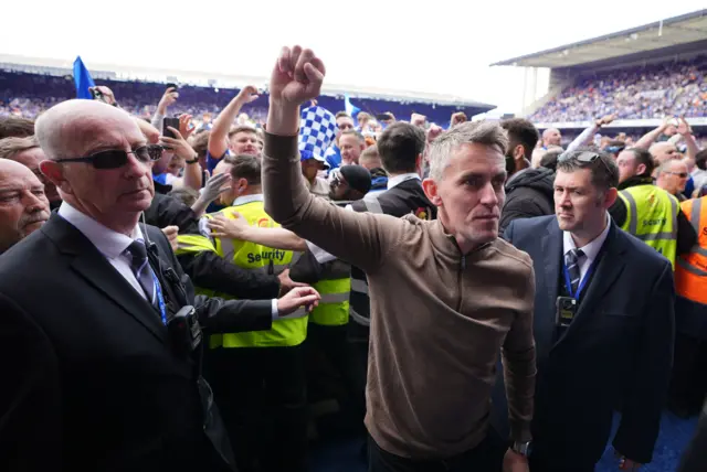 Kieran McKenna celebrates promotion on Saturday