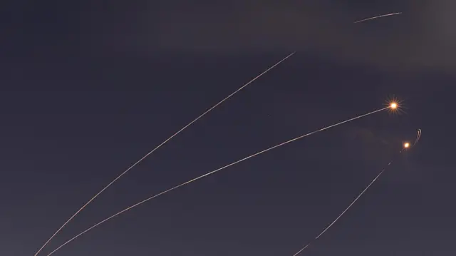 Israel's Iron Dome anti-missile system intercepts rockets launched from Gaza, amid the ongoing conflict between Israel and Hamas, as seen from Ashkelon, Israel