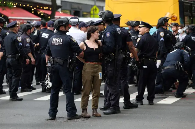 Police arrest demonstrators near the Met Gala at the Metropolitan Museum of Art on May 6, 2024 in New York