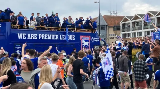 Ipswich Town's parade bus passes BBC Radio Suffolk on St Matthew's Street