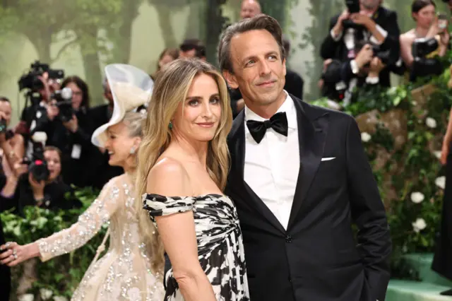 Alexi Ashe and Seth Meyers attend The 2024 Met Gala Celebrating "Sleeping Beauties: Reawakening Fashion" at The Metropolitan Museum of Art on May 06, 2024 in New York City