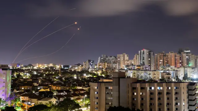 Israel's Iron Dome anti-missile system intercepts rockets launched from Gaza, amid the ongoing conflict between Israel and Hamas, as seen from Ashkelon, Israel