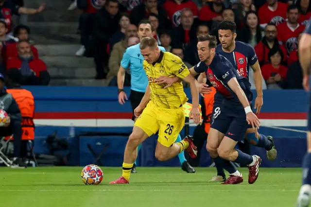 Julian Ryerson of Borussia Dortmund and Fabian Ruiz of Paris Saint-Germain battle for the ball