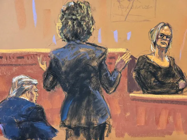 Stormy Daniels gives testimony, a court sketch