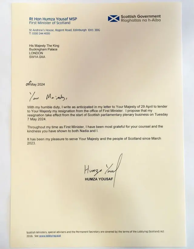 Humza Yousaf's resigntaion letter