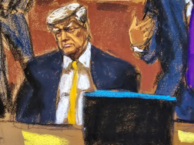 A court sketch of Donald Trump