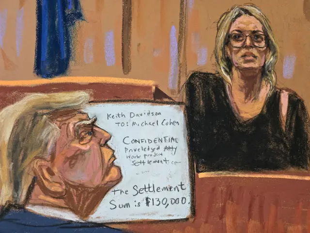 Former U.S. President Donald Trump watches as Stormy Daniels is questioned by prosecutor Susan Hoffinger during Trump's criminal trial on charges that he falsified business records to conceal money paid to silence porn star Stormy Daniels in 2016, in Manhattan state court in New York City, U.S. May 7, 2024 in this courtroom sketch.